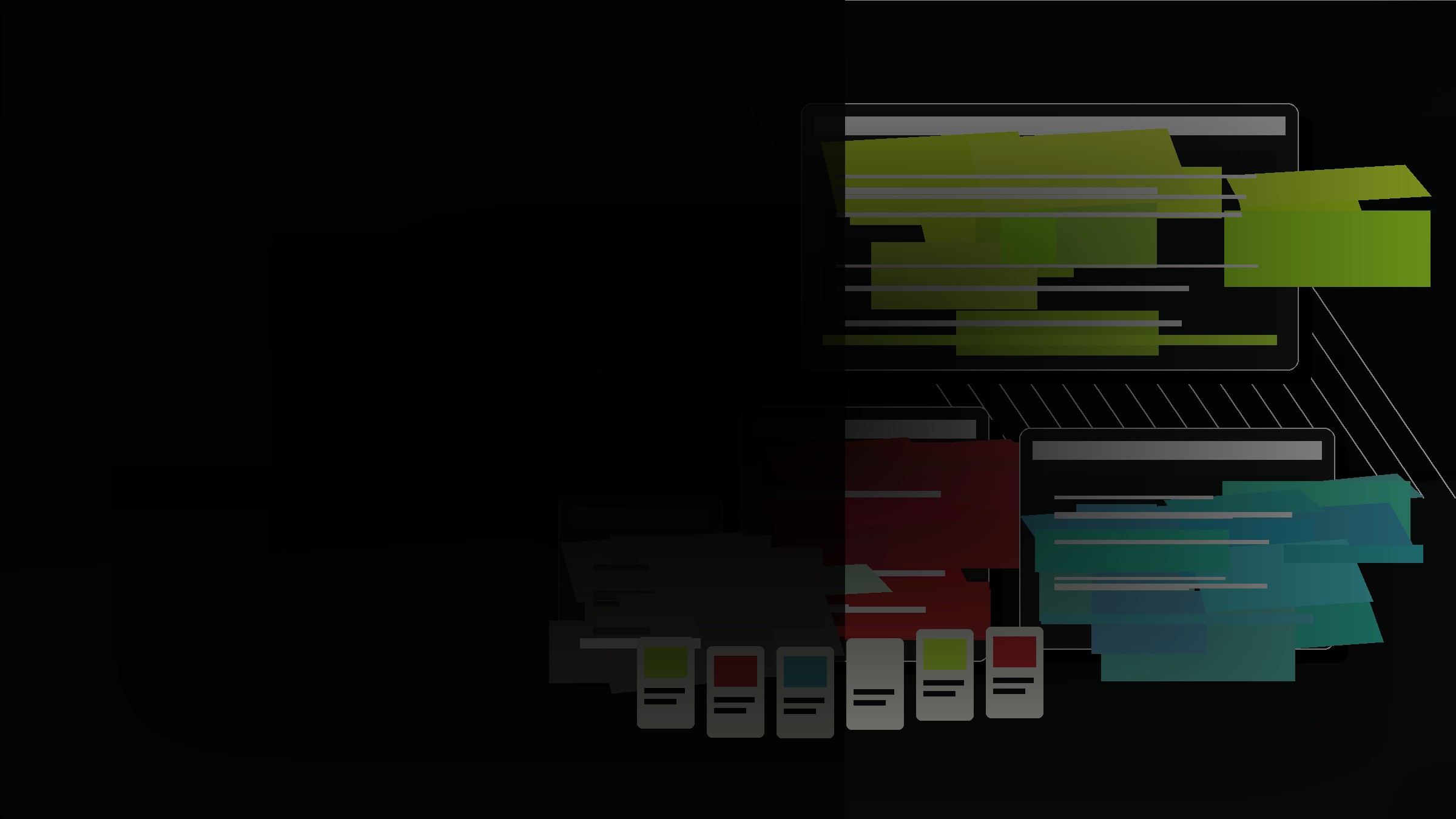 Campaign deck frames, social formats, and visual assets arranged as a premium production system.
